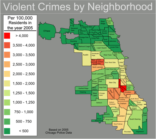 Auf dem Bild ist Verbrechenskarte zu sehen. Man sieht wo und wieviel Gewalt·verbrechen in Chicago passiert sind.