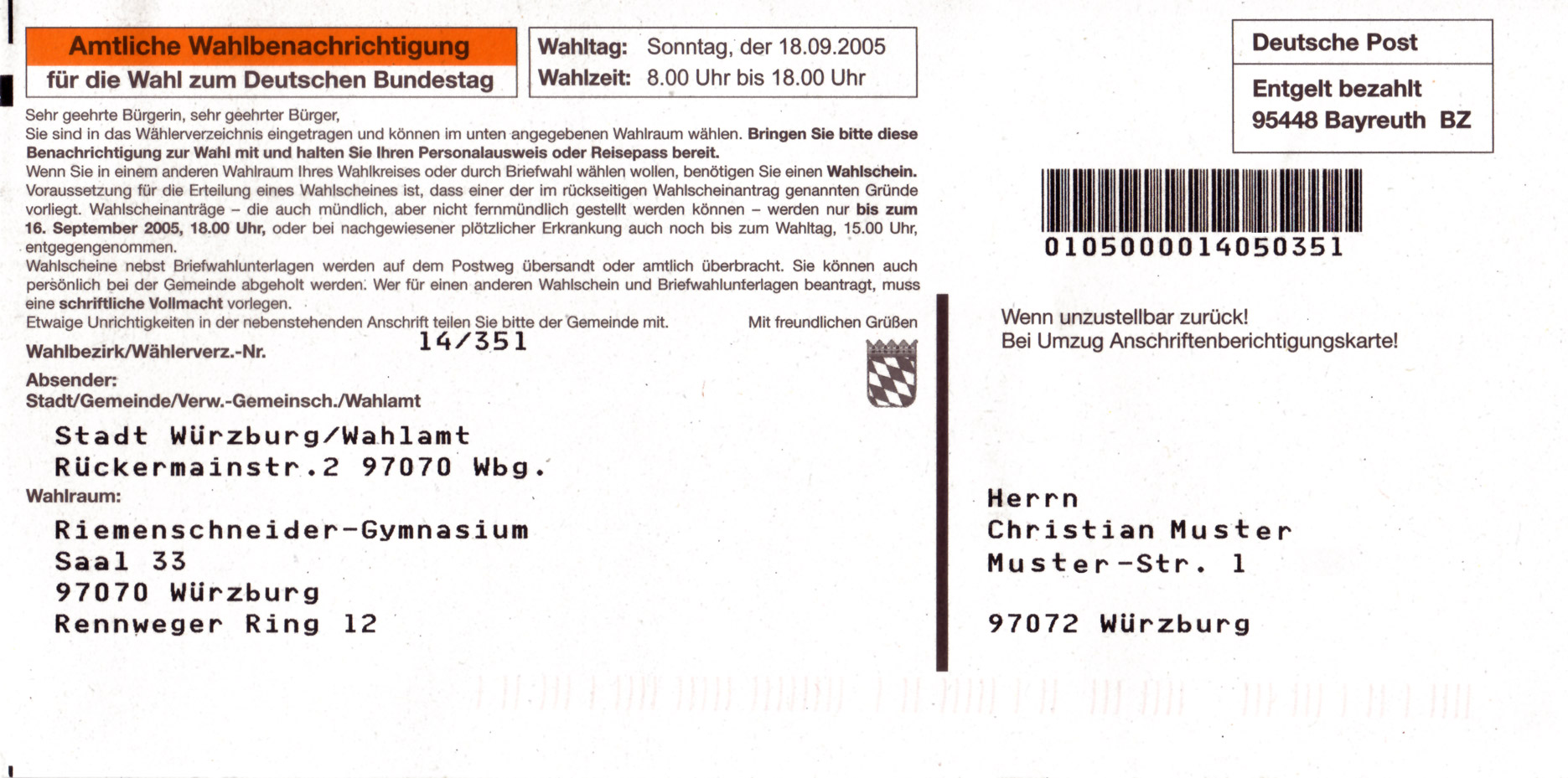 Auf dem Bild ist eine Wahlbenachrichtigung zu sehen. Genau ist es eine Wahlbenachrichtigung für die Bundestagswahl im Jahr 2005.