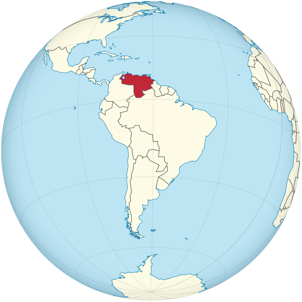 Auf dem Bild ist eine Welt·karte. Das Land Venezuela ist mit der Farbe Rot angemalt.