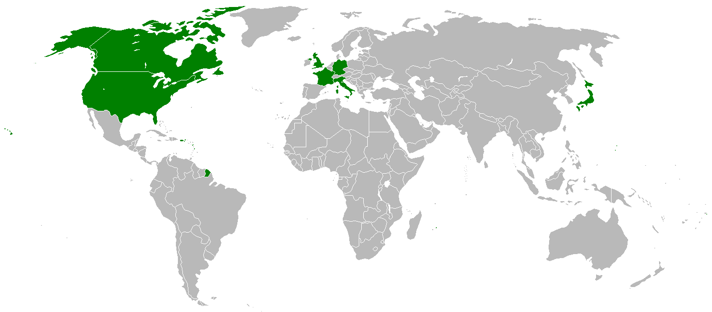 Auf dem Bild ist eine Welt·karte. Die G7 Länder sind mit der Farbe Grün angemalt.