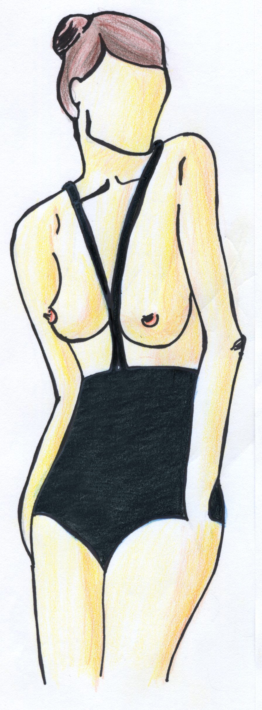 Das Bild ist eine Zeichnung. Auf der Zeichnung ist eine Frau. Die Frau hat einen Monokini an.