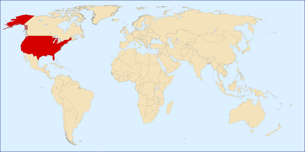Auf dem Bild ist eine Weltkarte. Die USA sind rot angemalt