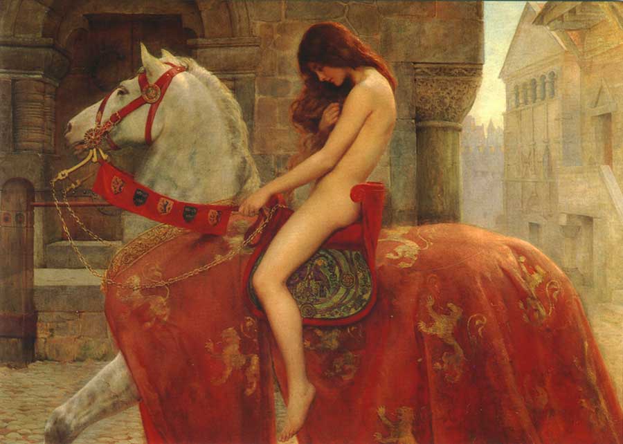 Das Bild ist ein Gemälde. Auf dem Bild ist Lady Godiva. Sie reitet auf einem Pferd. Sie ist nackt.