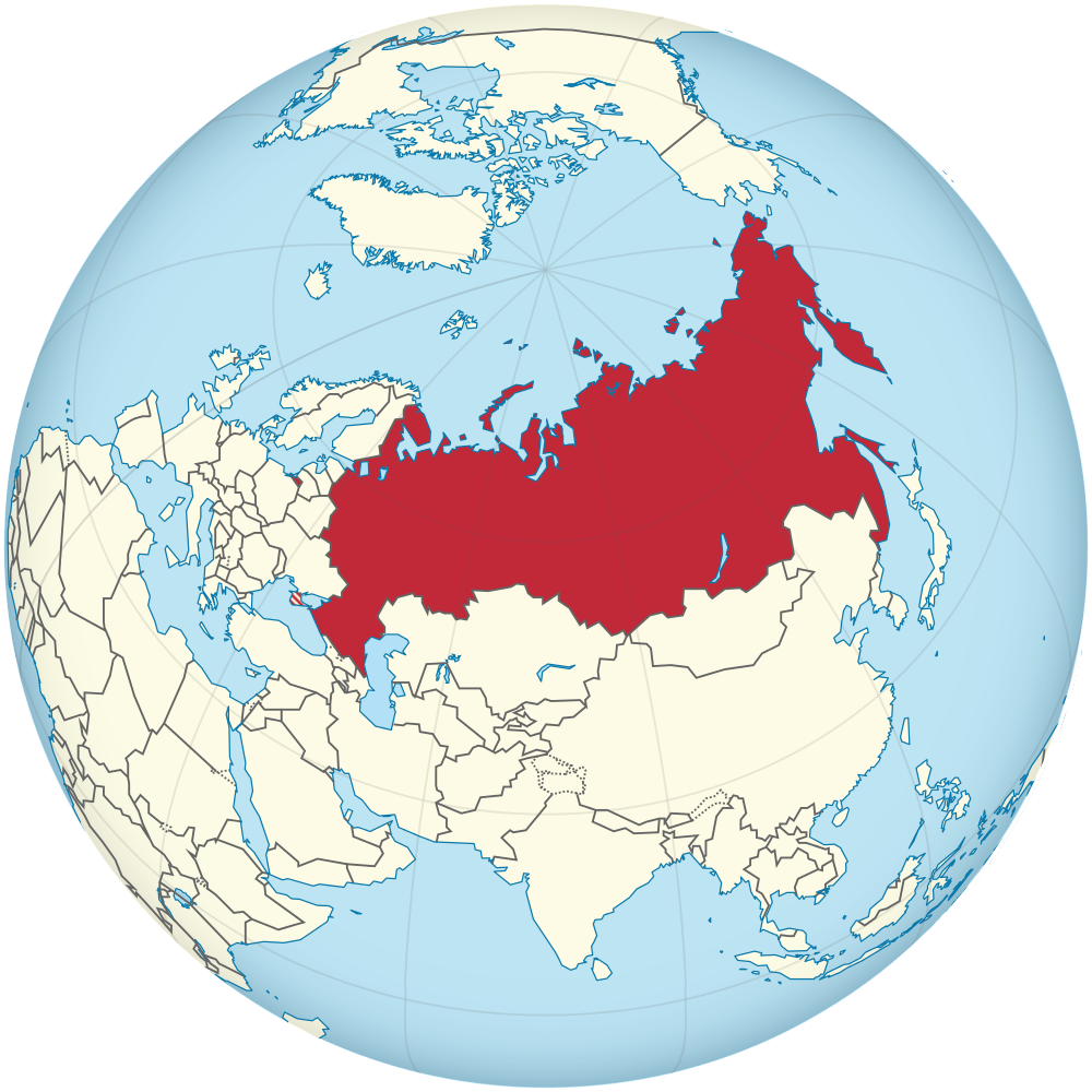 Auf dem Bild ist eine Welt·karte. Das Land Russland ist mit der Farbe Rot angemalt.
