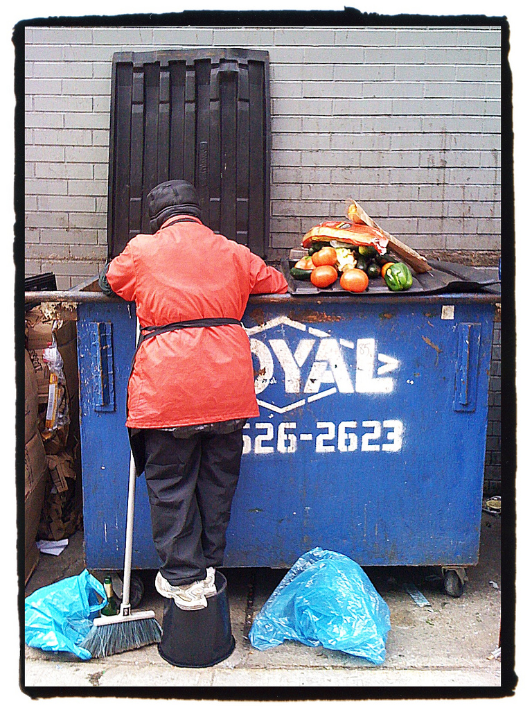 Auf dem Bild ist ein Mann zu sehen. Er holt Essen aus einer Müll·tonne.