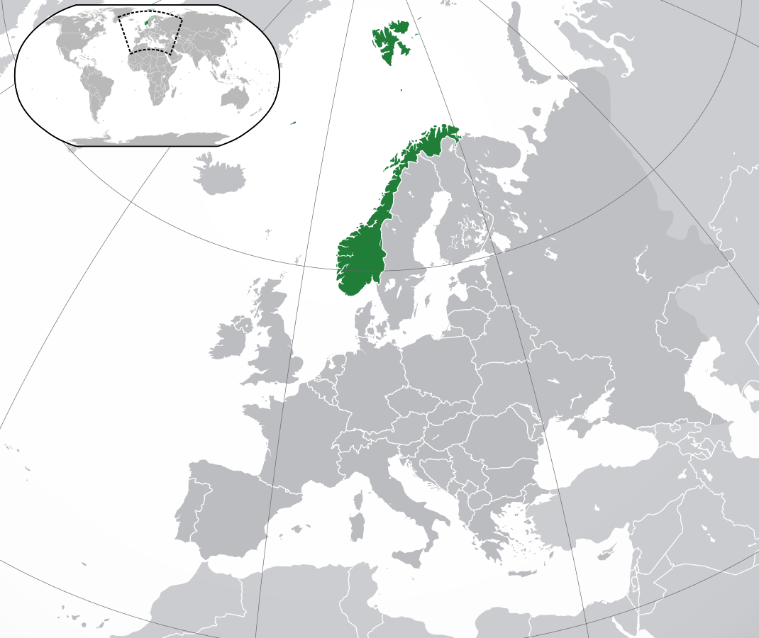 Auf dem Bild ist eine Land·karte. Das Land Norwegen ist grün angemalt.
