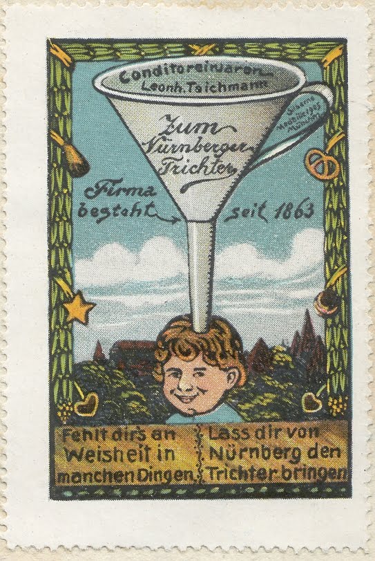 Auf der Briefmarke ist ein Kind mit dem Nürnberger Trichter zu sehen
