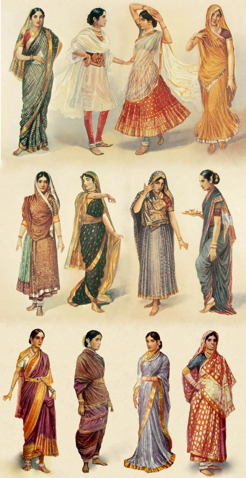 Auf dem Bild sind 12 gezeichnete Frauen. Jede hat eine andere Art von Sari an.