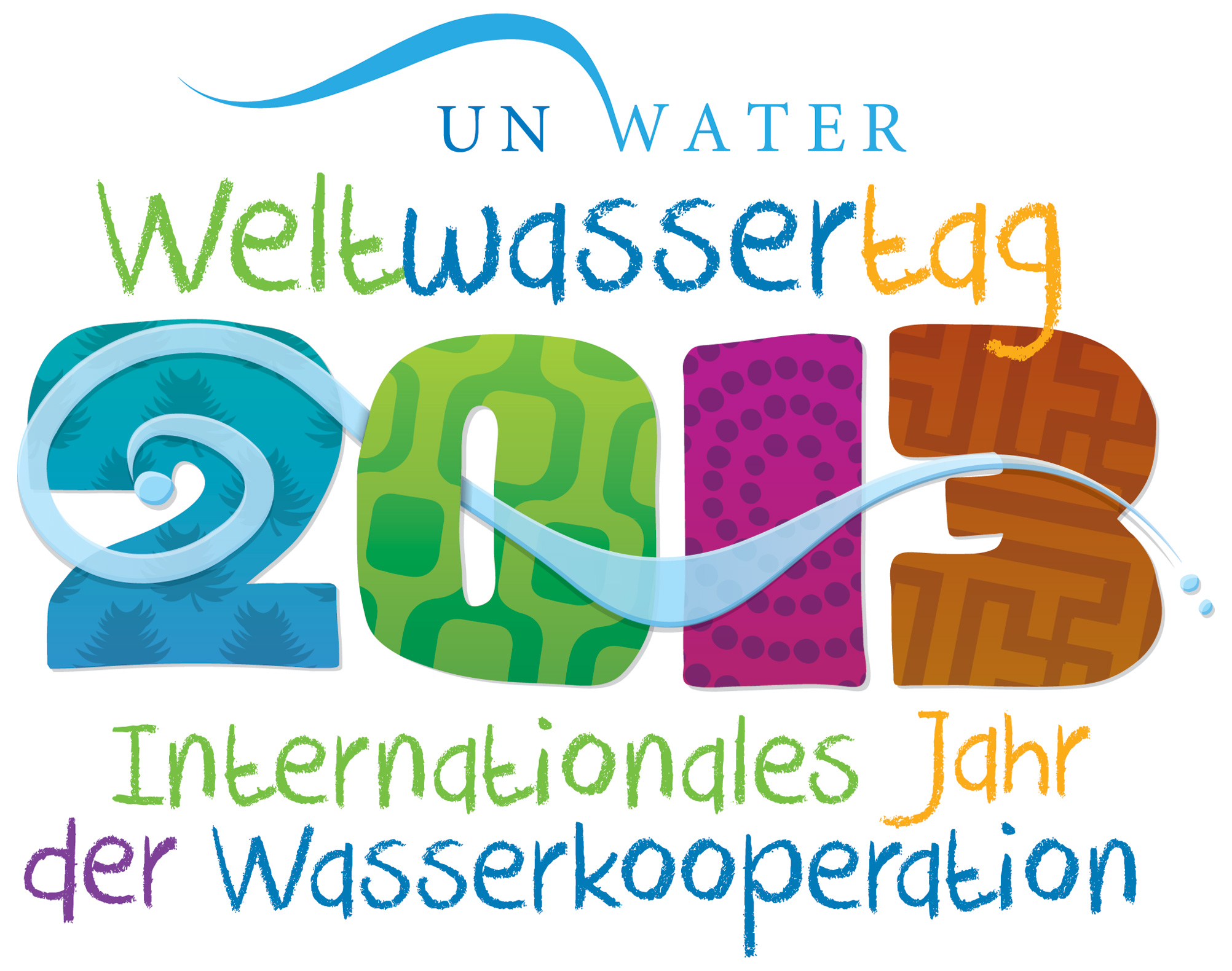 Auf dem Bild ist das Logo vom Weltwassertag im Jahr 2013 zu sehen. Auf dem Bild stehen die Wörter: UN Water, Weltwassertag 2013, Internationales Jahr der Wasserkooperation