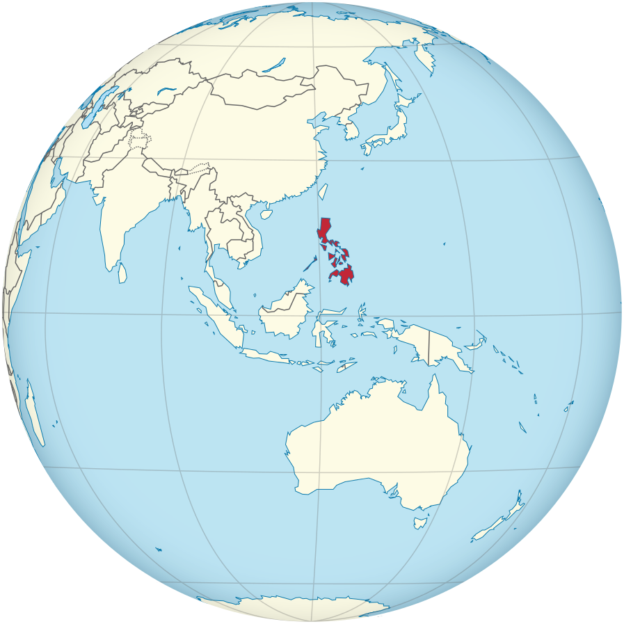 Auf dem Bild ist eine Landkarte. Die Philippinen sind mit der Farbe Rot angemalt.